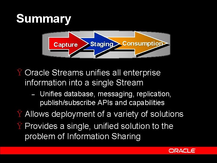 Summary Capture Staging Consumption Ÿ Oracle Streams unifies all enterprise information into a single