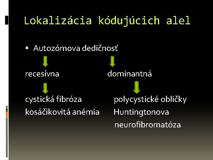 Lokalizácia kódujúcich alel Autozómova dedičnosť recesívna dominantná cystická fibróza polycystické obličky kosáčikovitá anémia Huntingtonova