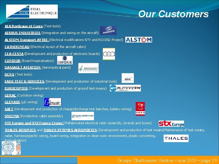 Our Customers AIA Bordeaux et Cuers (Test tools) AIRBUS INDUSTRIES (Integration and wiring on