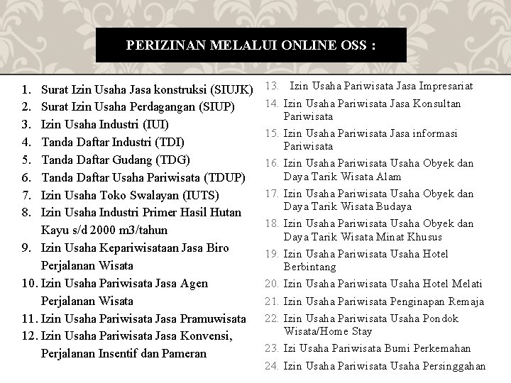 PERIZINAN MELALUI ONLINE OSS : 1. 2. 3. 4. 5. 6. 7. 8. Surat