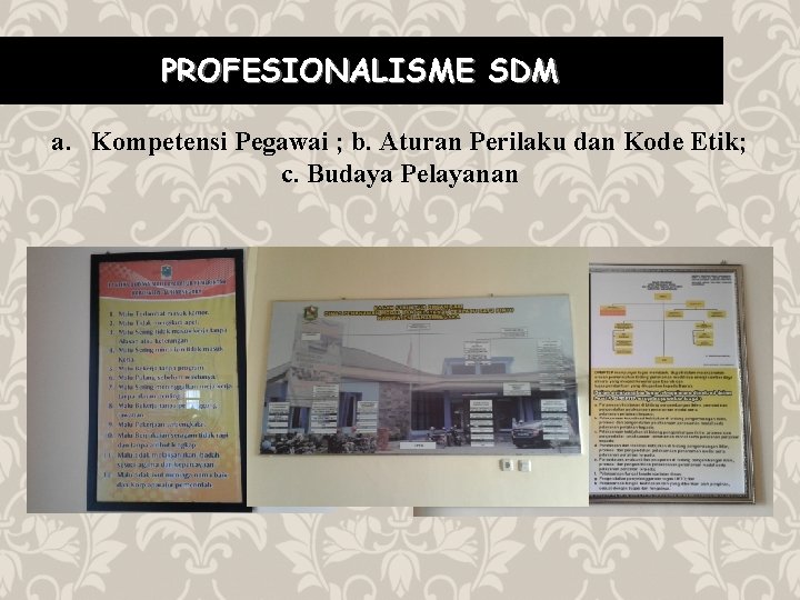 PROFESIONALISME SDM a. Kompetensi Pegawai ; b. Aturan Perilaku dan Kode Etik; c. Budaya