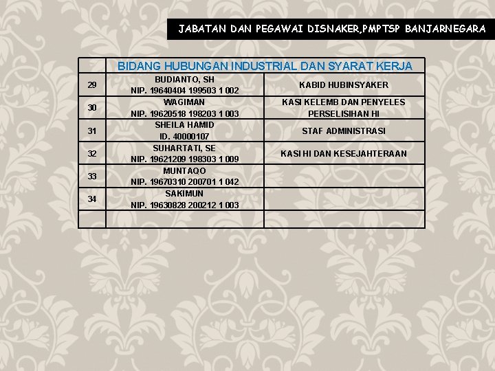 JABATAN DAN PEGAWAI DISNAKER, PMPTSP BANJARNEGARA BIDANG HUBUNGAN INDUSTRIAL DAN SYARAT KERJA 29 30