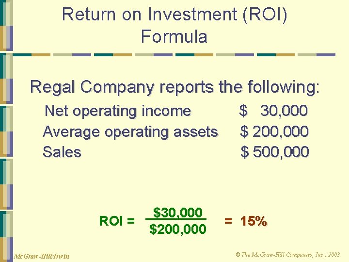 Return on Investment (ROI) Formula Regal Company reports the following: Net operating income Average