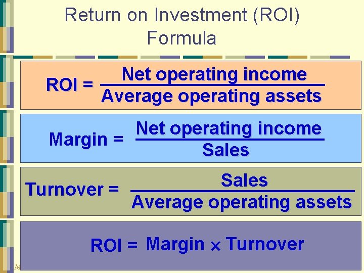 Return on Investment (ROI) Formula Net operating income ROI = Average operating assets Net