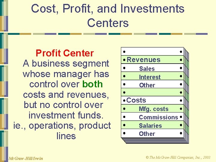 Cost, Profit, and Investments Centers Profit Center A business segment whose manager has control