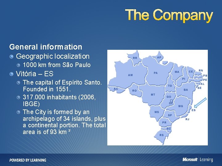 The Company General information Geographic localization 1000 km from São Paulo Vitória – ES