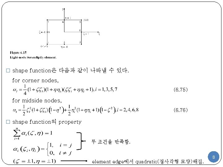 � shape function은 다음과 같이 나타낼 수 있다. for corner nodes, (6. 75) for