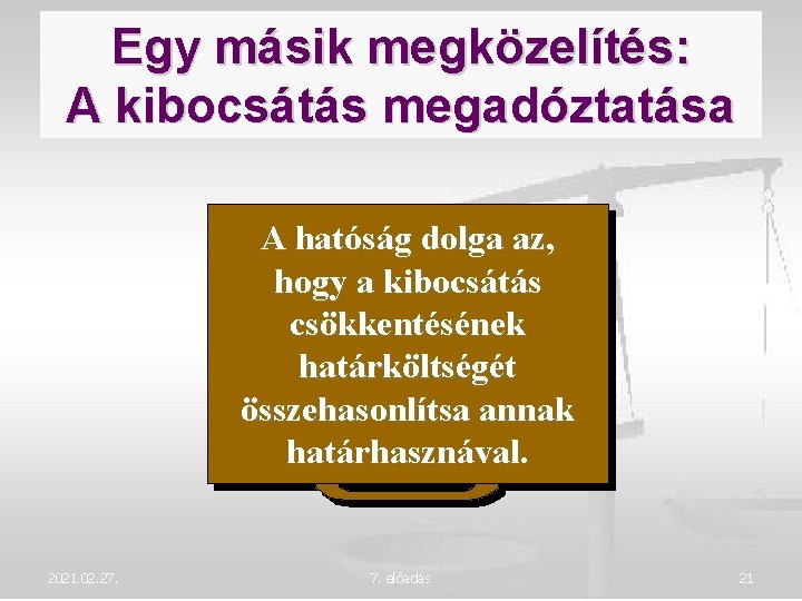 Egy másik megközelítés: A kibocsátás megadóztatása A hatóság dolga az, hogy a kibocsátás csökkentésének