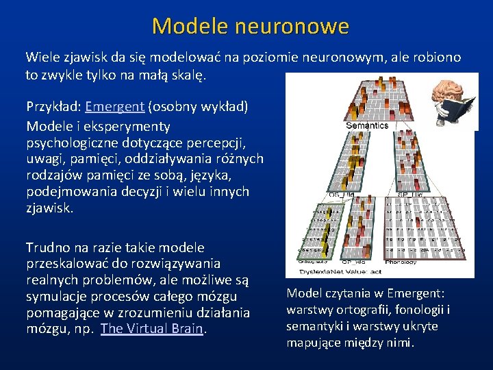 Modele neuronowe Wiele zjawisk da się modelować na poziomie neuronowym, ale robiono to zwykle