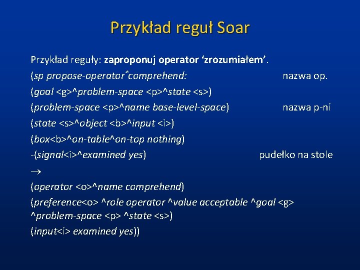 Przykład reguł Soar Przykład reguły: zaproponuj operator ‘zrozumiałem’. (sp propose-operator*comprehend: nazwa op. (goal <g>^problem-space