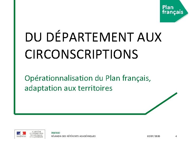 DU DÉPARTEMENT AUX CIRCONSCRIPTIONS Opérationnalisation du Plan français, adaptation aux territoires DGESCO RÉUNION DES