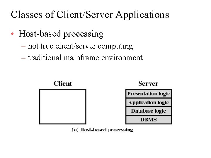 Classes of Client/Server Applications • Host-based processing – not true client/server computing – traditional