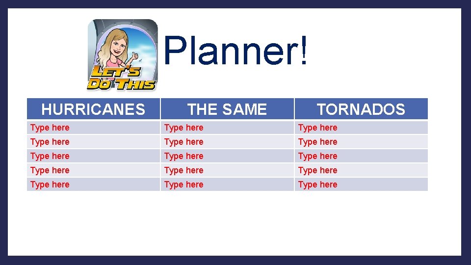 Planner! HURRICANES THE SAME TORNADOS Type here Type here Type here Type here 