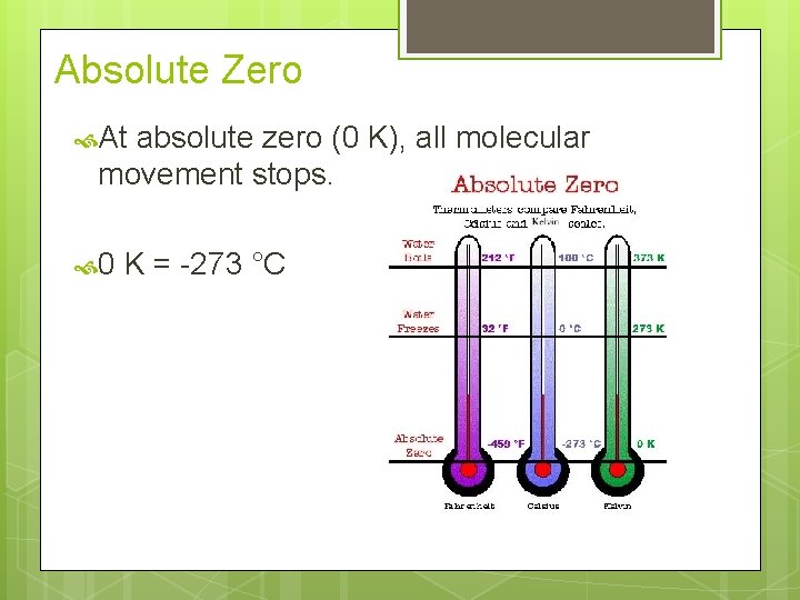 Absolute Zero At absolute zero (0 K), all molecular movement stops. 0 K =