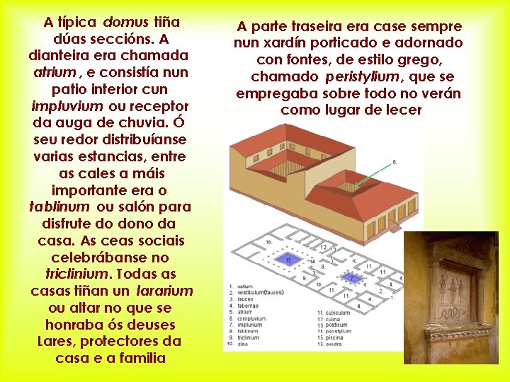 A típica domus tiña dúas seccións. A dianteira era chamada atrium , e consistía