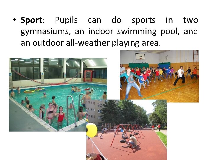  • Sport: Pupils can do sports in two gymnasiums, an indoor swimming pool,