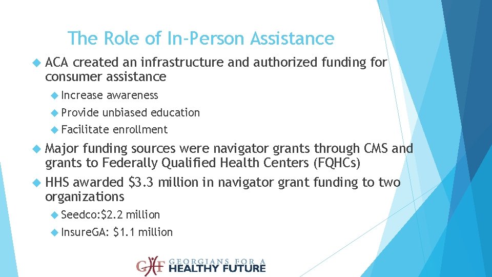 The Role of In-Person Assistance ACA created an infrastructure and authorized funding for consumer The Role of In-Person Assistance ACA created an infrastructure and authorized funding for consumer