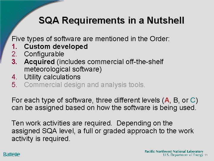 SQA Requirements in a Nutshell Five types of software mentioned in the Order: 1.