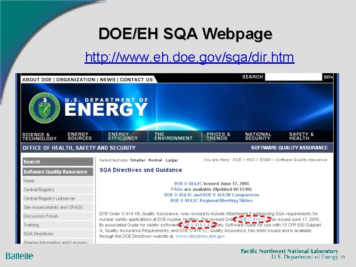 DOE/EH SQA Webpage http: //www. eh. doe. gov/sqa/dir. htm 13 