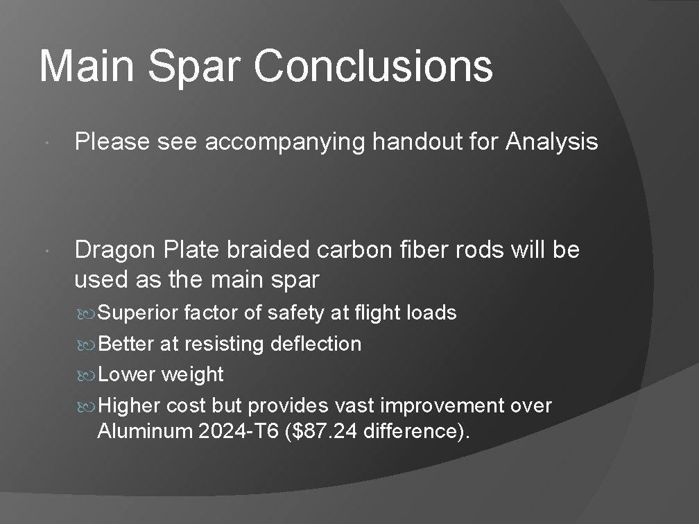 Main Spar Conclusions Please see accompanying handout for Analysis Dragon Plate braided carbon fiber Main Spar Conclusions Please see accompanying handout for Analysis Dragon Plate braided carbon fiber