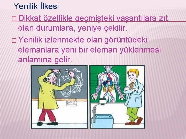 Yenilik İlkesi � Dikkat özellikle geçmişteki yaşantılara zıt olan durumlara, yeniye çekilir. � Yenilik