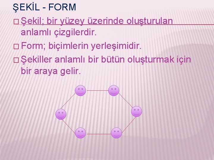 ŞEKİL - FORM � Şekil; bir yüzey üzerinde oluşturulan anlamlı çizgilerdir. � Form; biçimlerin