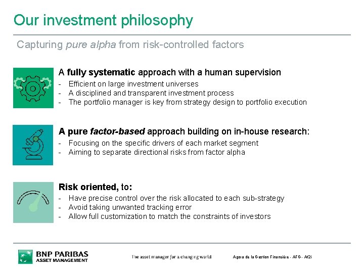 Our investment philosophy Capturing pure alpha from risk-controlled factors A fully systematic approach with