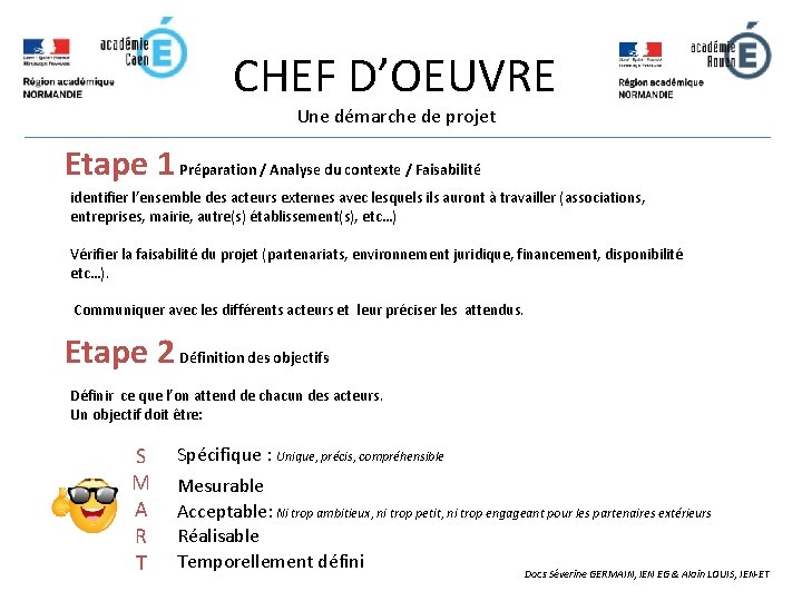 CHEF D’OEUVRE Une démarche de projet Etape 1 Préparation / Analyse du contexte /