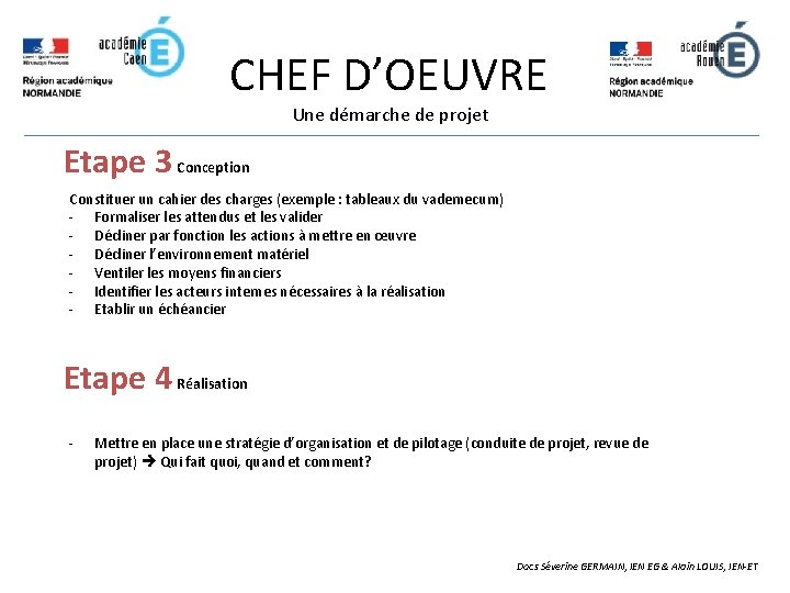 CHEF D’OEUVRE Une démarche de projet Etape 3 Conception Constituer un cahier des charges