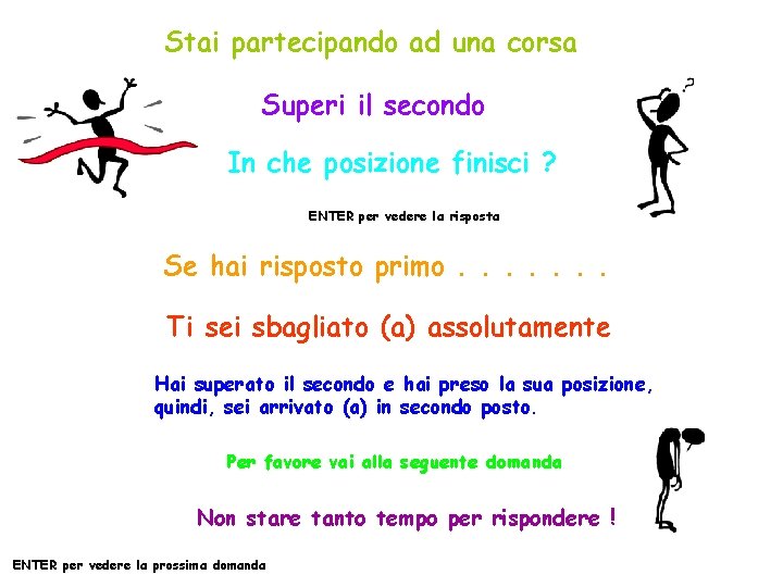 Stai partecipando ad una corsa Superi il secondo In che posizione finisci ? ENTER