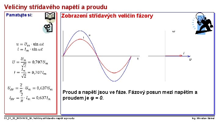 Veličiny střídavého napětí a proudu Pamatujte si: Zobrazení střídavých veličin fázory Proud a napětí