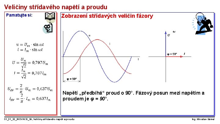 Veličiny střídavého napětí a proudu Pamatujte si: Zobrazení střídavých veličin fázory Napětí „předbíhá“ proud