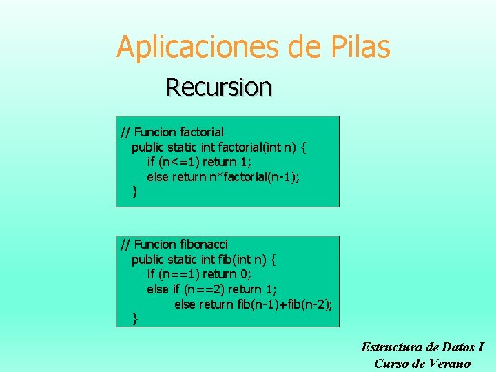 Aplicaciones de Pilas Recursion // Funcion factorial public static int factorial(int n) { if