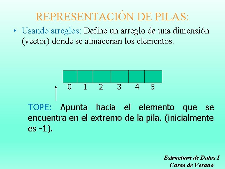 REPRESENTACIÓN DE PILAS: • Usando arreglos: Define un arreglo de una dimensión (vector) donde