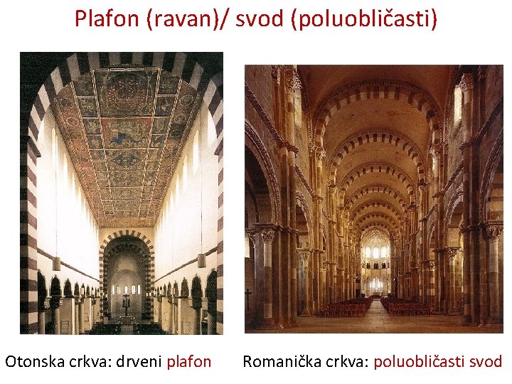 Plafon (ravan)/ svod (poluobličasti) Otonska crkva: drveni plafon Romanička crkva: poluobličasti svod Plafon (ravan)/ svod (poluobličasti) Otonska crkva: drveni plafon Romanička crkva: poluobličasti svod