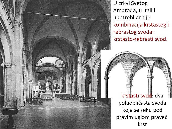 U crkvi Svetog Ambrođa, u Italiji upotrebljena je kombinacija krstastog i rebrastog svoda: krstasto-rebrasti U crkvi Svetog Ambrođa, u Italiji upotrebljena je kombinacija krstastog i rebrastog svoda: krstasto-rebrasti