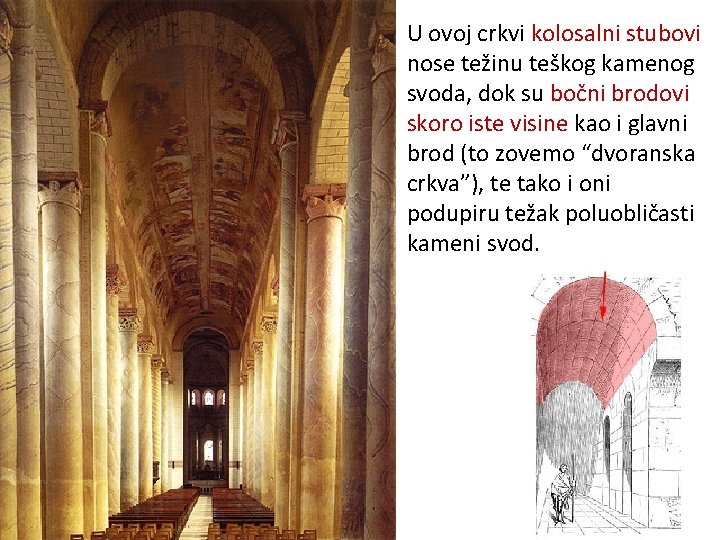 U ovoj crkvi kolosalni stubovi nose težinu teškog kamenog svoda, dok su bočni brodovi U ovoj crkvi kolosalni stubovi nose težinu teškog kamenog svoda, dok su bočni brodovi