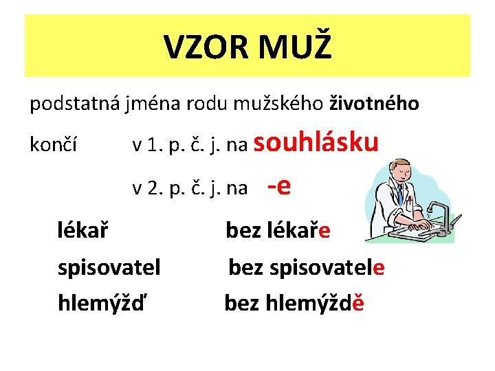 VZOR MUŽ podstatná jména rodu mužského životného končí v 1. p. č. j. na