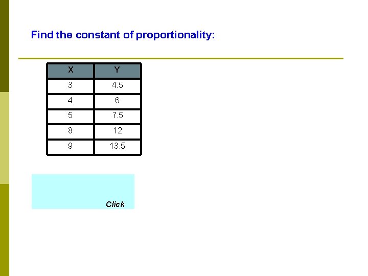 Find the constant of proportionality: X Y 3 4. 5 4 6 5 7. Find the constant of proportionality: X Y 3 4. 5 4 6 5 7.