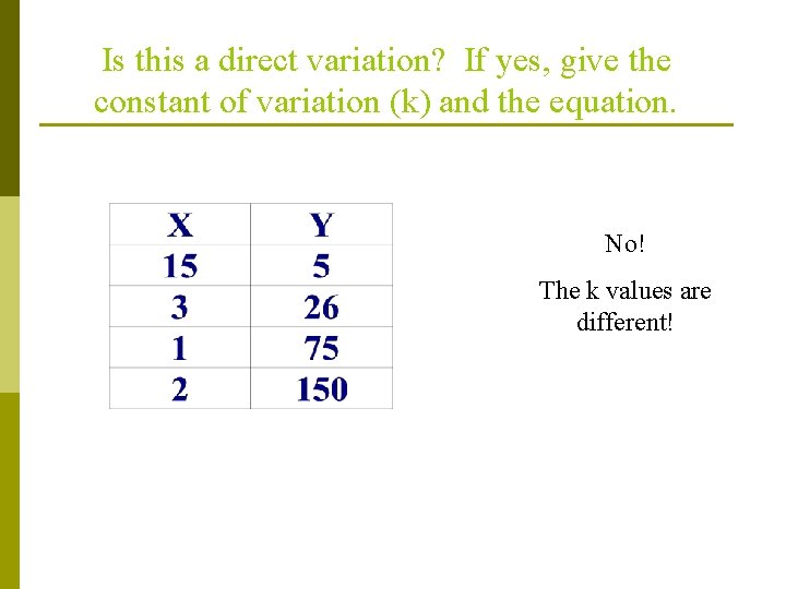 Is this a direct variation? If yes, give the constant of variation (k) and Is this a direct variation? If yes, give the constant of variation (k) and
