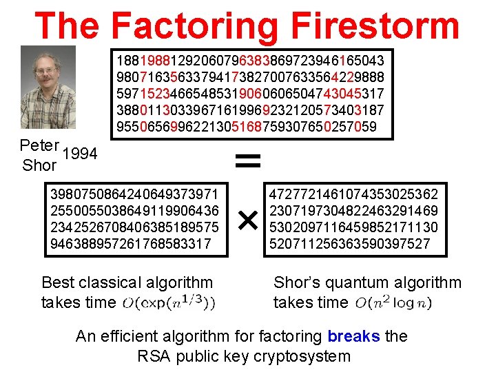 The Factoring Firestorm 18819881292060796383869723946165043 98071635633794173827007633564229888 59715234665485319060606504743045317 38801130339671619969232120573403187 9550656996221305168759307650257059 Peter 1994 Shor 3980750864240649373971 2550055038649119906436 2342526708406385189575