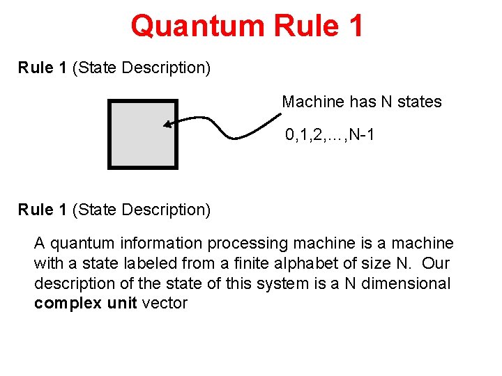Quantum Rule 1 (State Description) Machine has N states 0, 1, 2, …, N-1