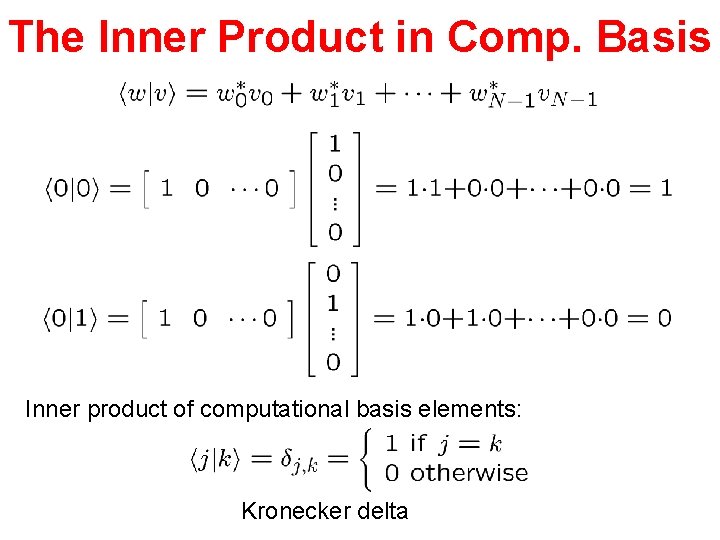 The Inner Product in Comp. Basis Inner product of computational basis elements: Kronecker delta