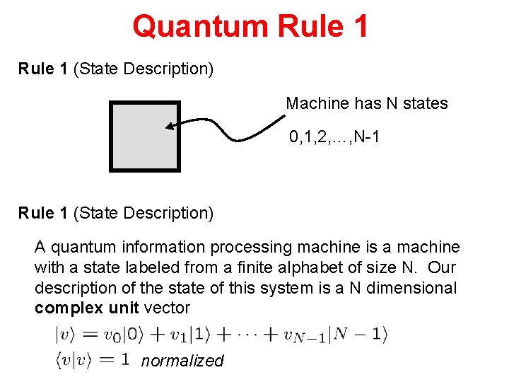 Quantum Rule 1 (State Description) Machine has N states 0, 1, 2, …, N-1