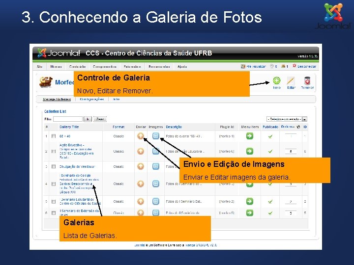 3. Conhecendo a Galeria de Fotos Controle de Galeria Novo, Editar e Remover. Envio