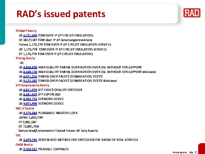 RAD’s issued patents TDMo. IP family US 6, 731, 649 TDM OVER IP (IP