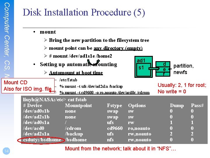 Computer Center, CS, NCTU Disk Installation Procedure (5) • mount Ø Bring the new