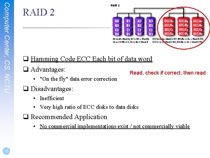 Computer Center, CS, NCTU RAID 2 q Hamming Code ECC Each bit of data