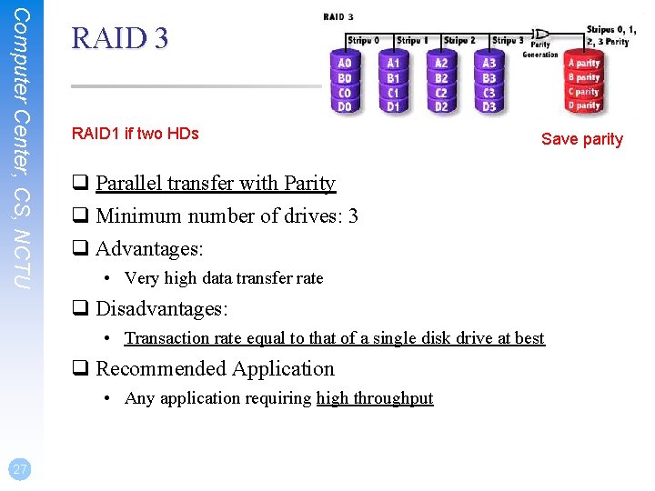 Computer Center, CS, NCTU RAID 3 RAID 1 if two HDs Save parity q