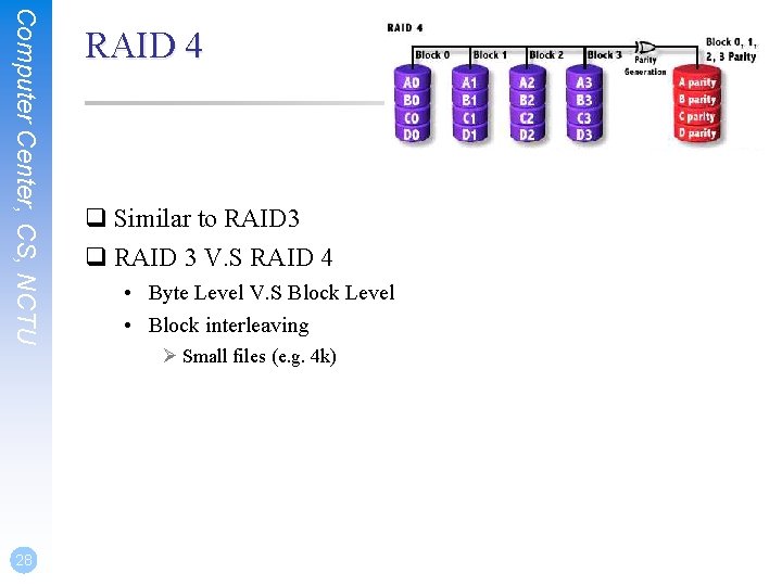Computer Center, CS, NCTU 28 RAID 4 q Similar to RAID 3 q RAID